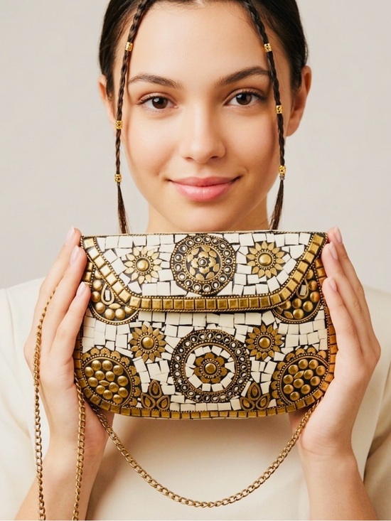 Antik Kraft Handbags - Antik Kraft Handmade White and Gold Mosaic Metal Clutch Bag |Artisanal Crossbody
